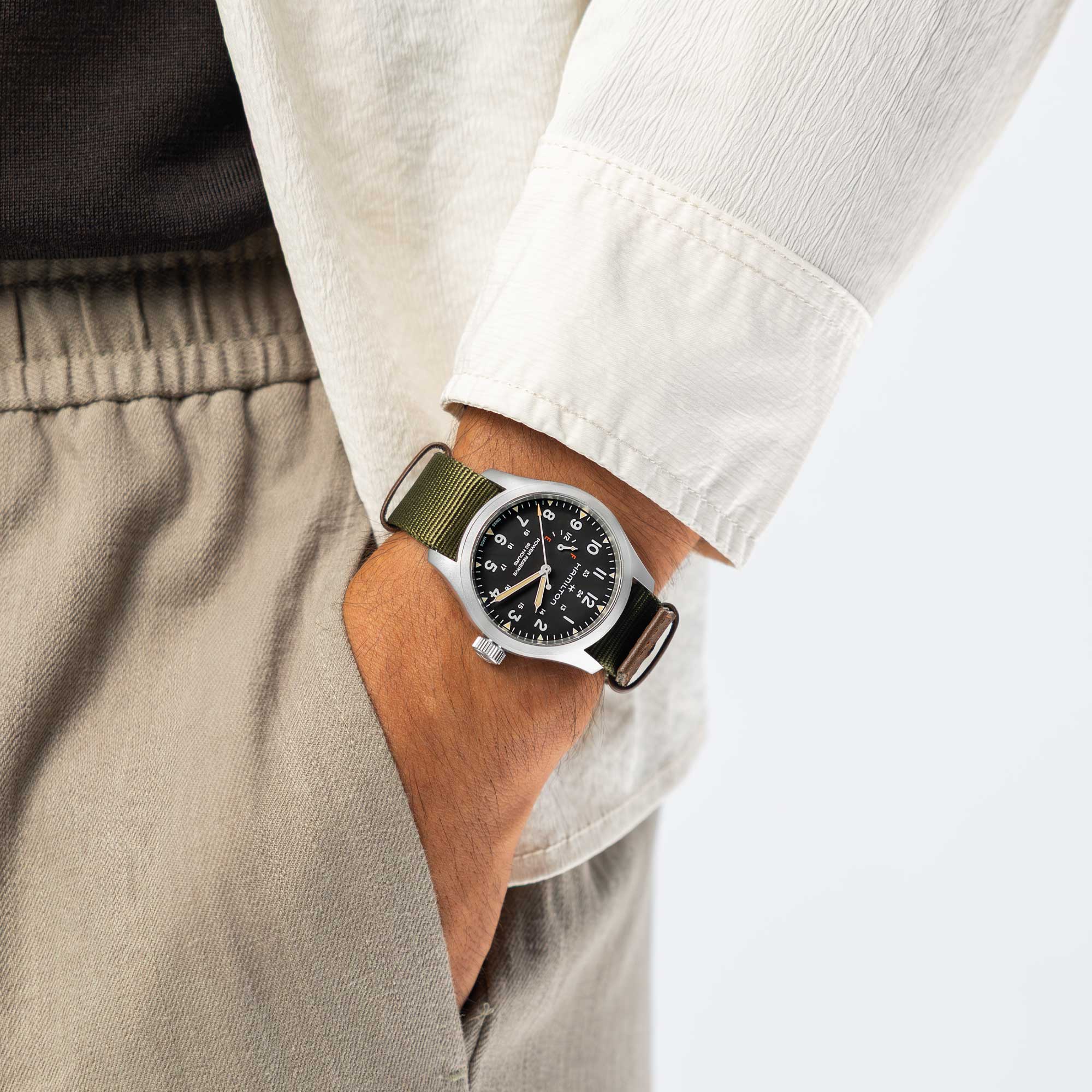 KHAKI FIELD MECHANICAL POWER RESERVE 40 MM QUADRANTE NERO - immagine 3