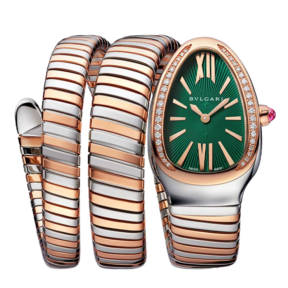 Serpenti Tubogas Orologio a doppia spirale oro rosa quadrante laccato verde