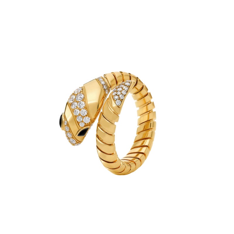 Anello Bulgari Serpenti Tubogas Spirale oro giallo testa e coda semi-pavé occhi in onice nera