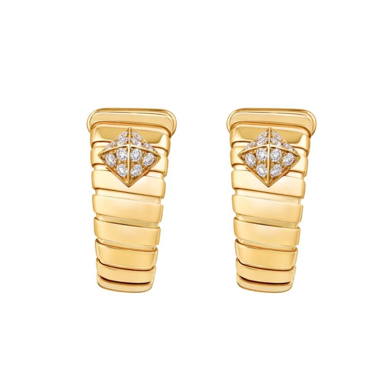 Orecchini Bvlgari Tubogas a cerchio oro giallo borchie pavé di diamanti