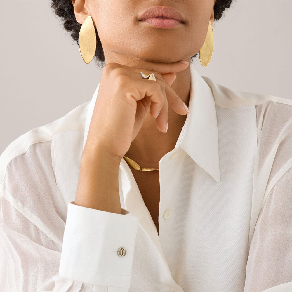 Orecchini Lunaria a lobo Grande foglie oro giallo ritorte - immagine 2