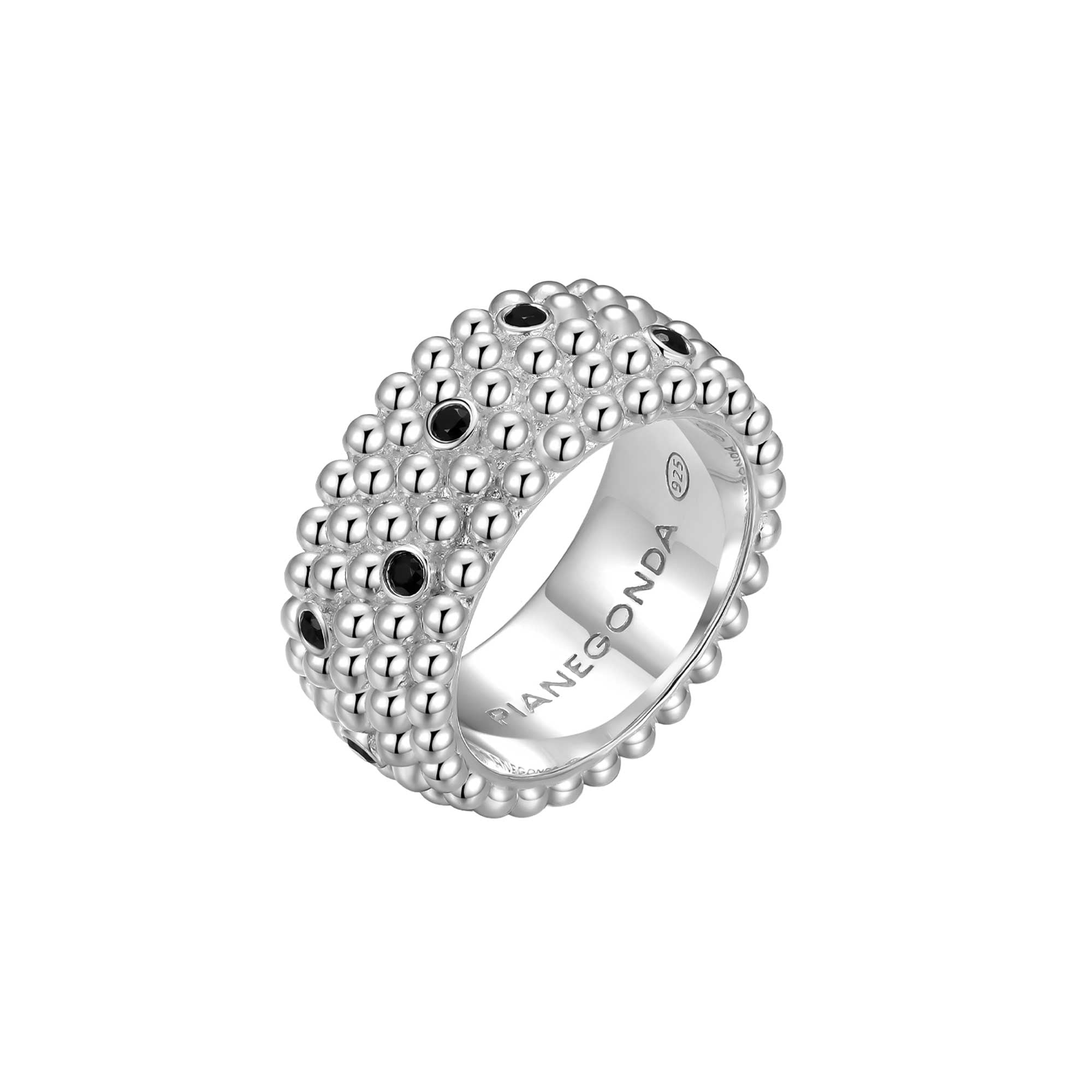 ANELLO FOEDUS A FASCIA TEXTURE SFERICA ARGENTO E SPINELLI NERI
