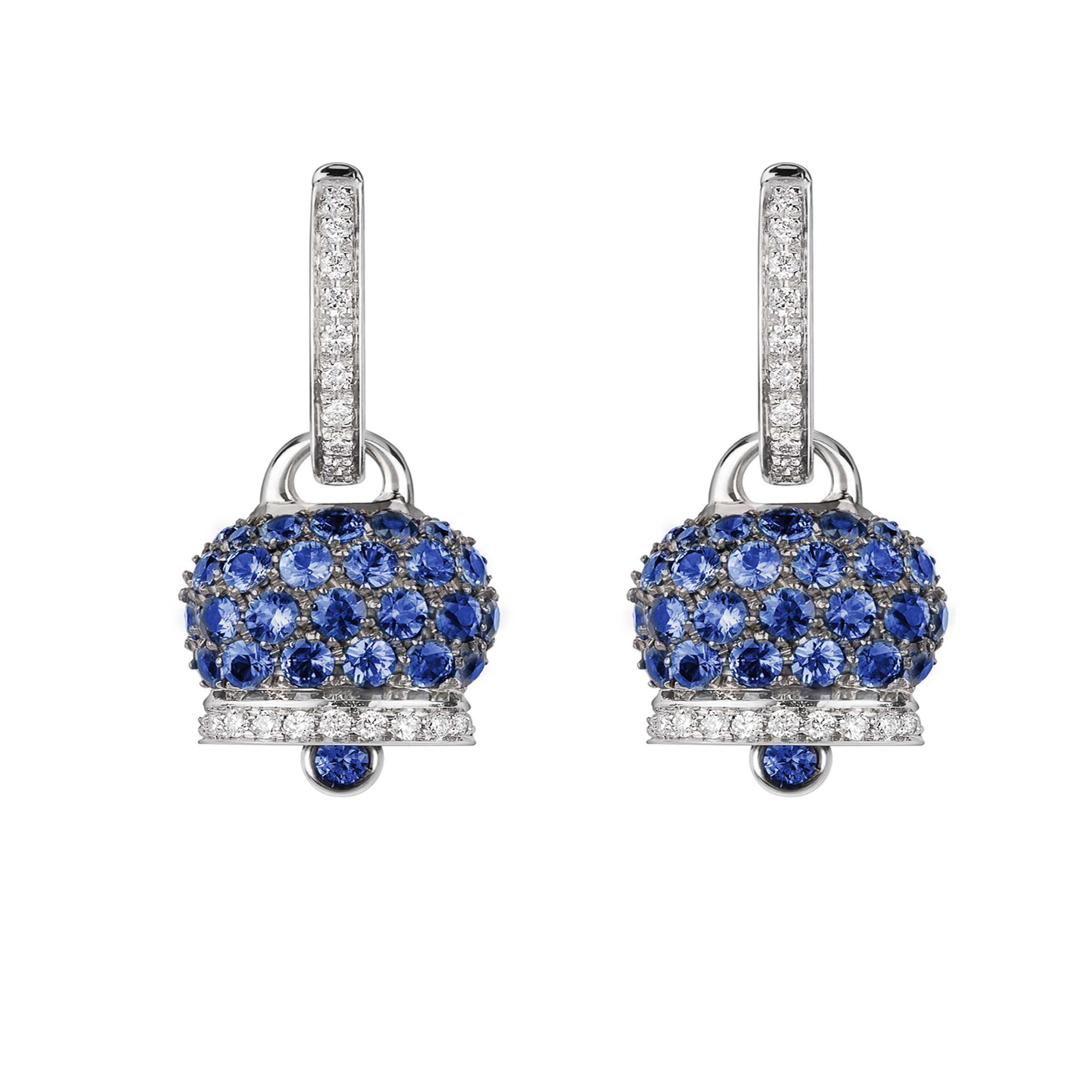 Orecchini Campanelle Oro Bianco Brunito Pavé zaffiri