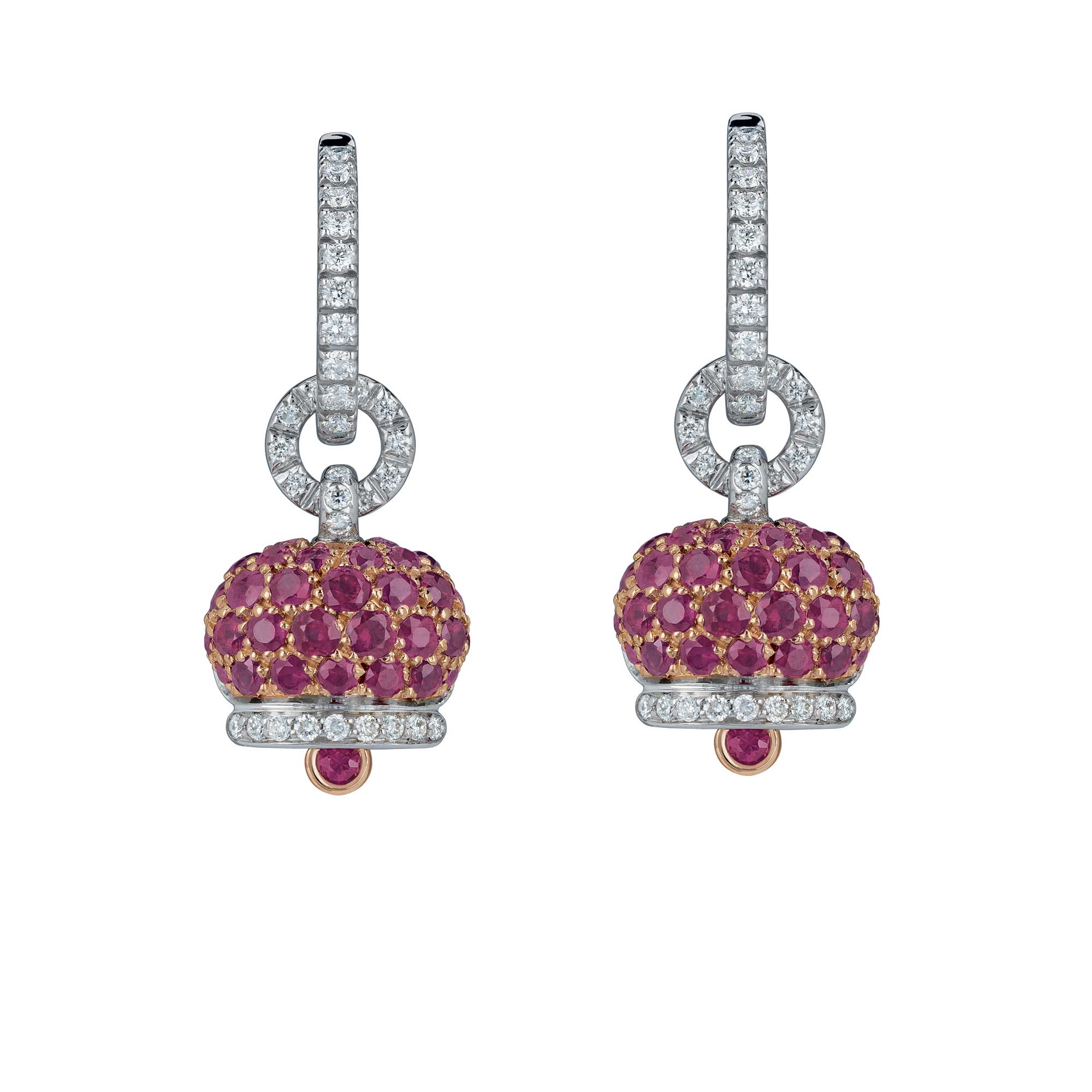 Orecchini Campanella piccoli oro rosa e bianco diamanti e pavé di rubini