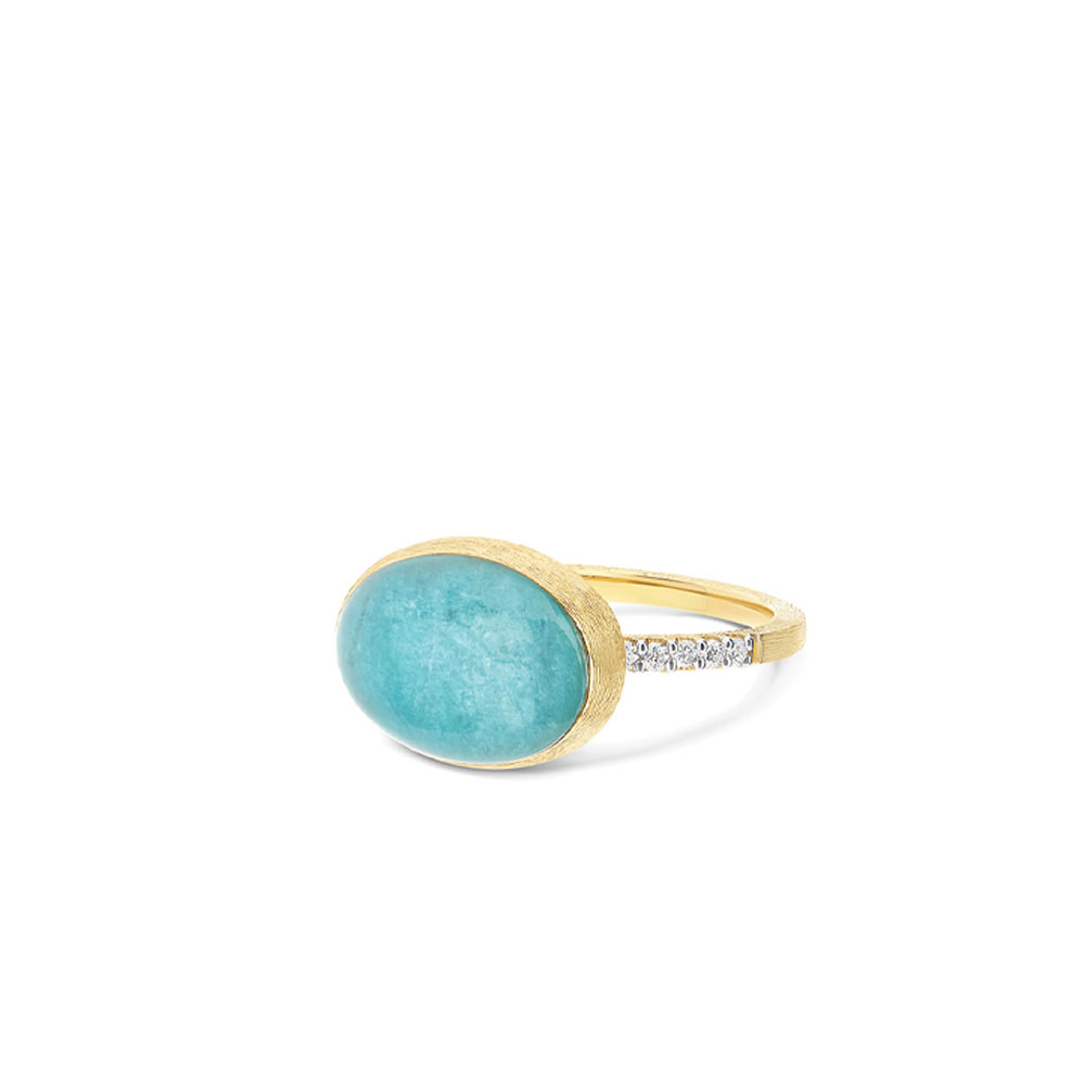 ANELLO BOULES MEDIO ANICE DIAMANTI CRISTALLO DI ROCCA E AMAZONITE ORO GIALLO - immagine 2