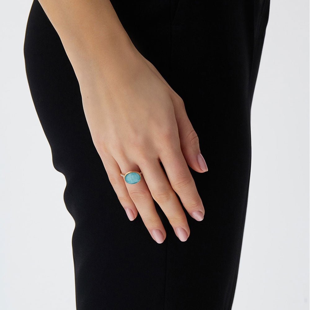 ANELLO BOULES MEDIO ANICE DIAMANTI CRISTALLO DI ROCCA E AMAZONITE ORO GIALLO - immagine 3