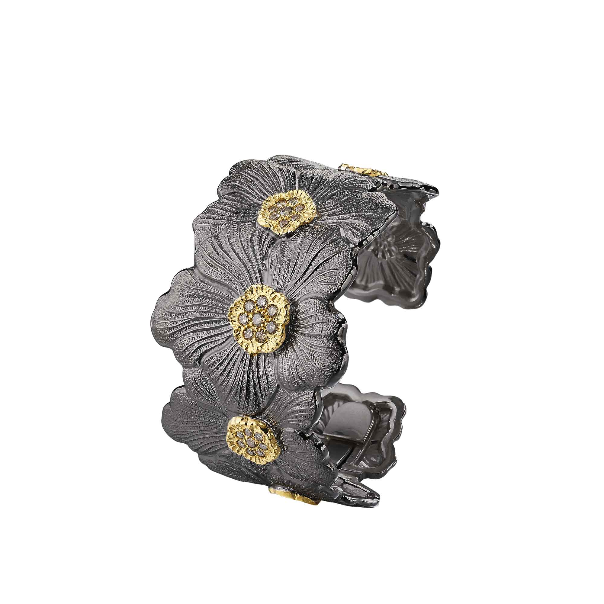 BRACCIALE GARDENIA CUFF ARGENTO E RUTENIO DIAMANTI BROWN - immagine 2