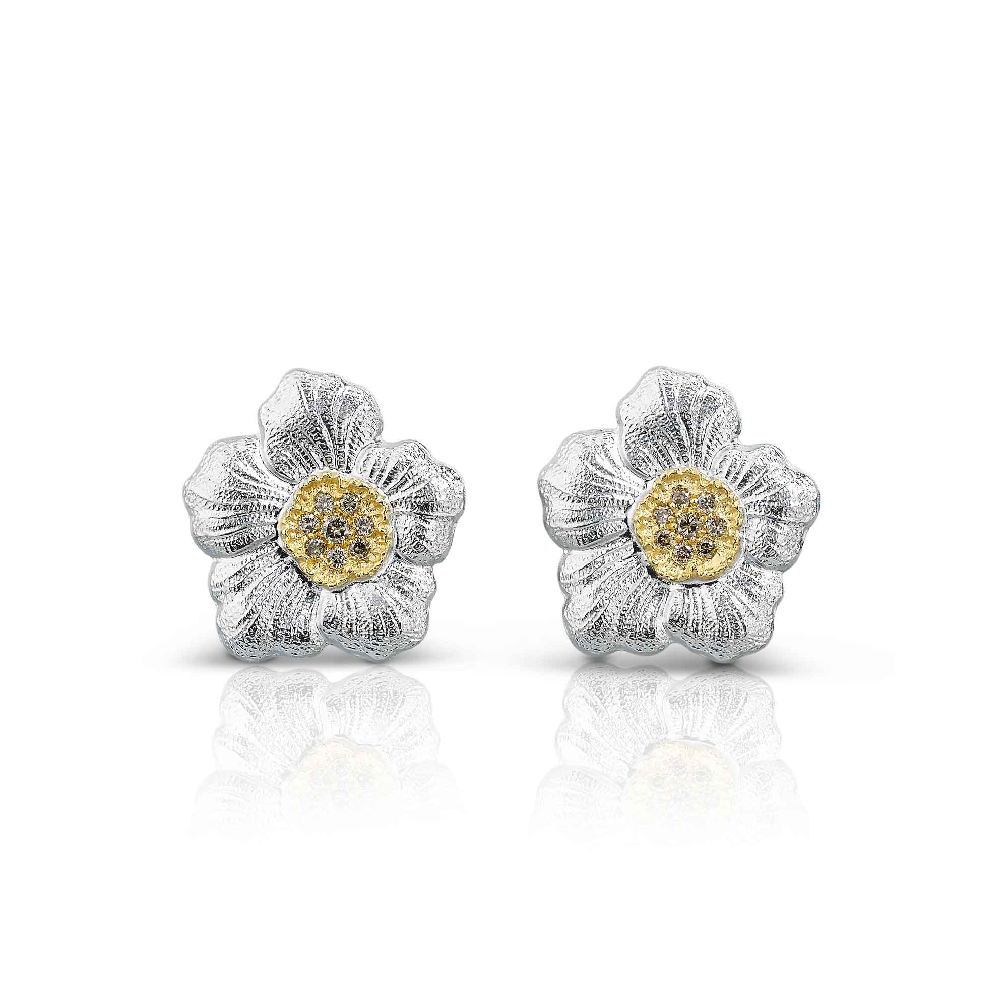 ORECCHINI BOTTONE BLOSSOMS GARDENIA ARGENTO DIAMANTI BROWN
