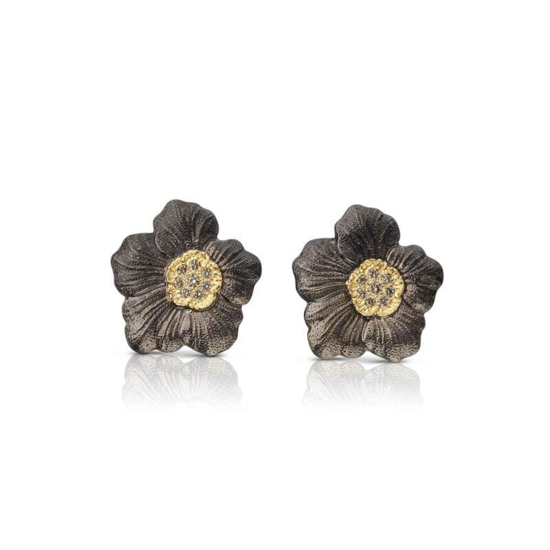 ORECCHINI BOTTONE BLOSSOMS GARDENIA ARGENTO DIAMANTI BROWN