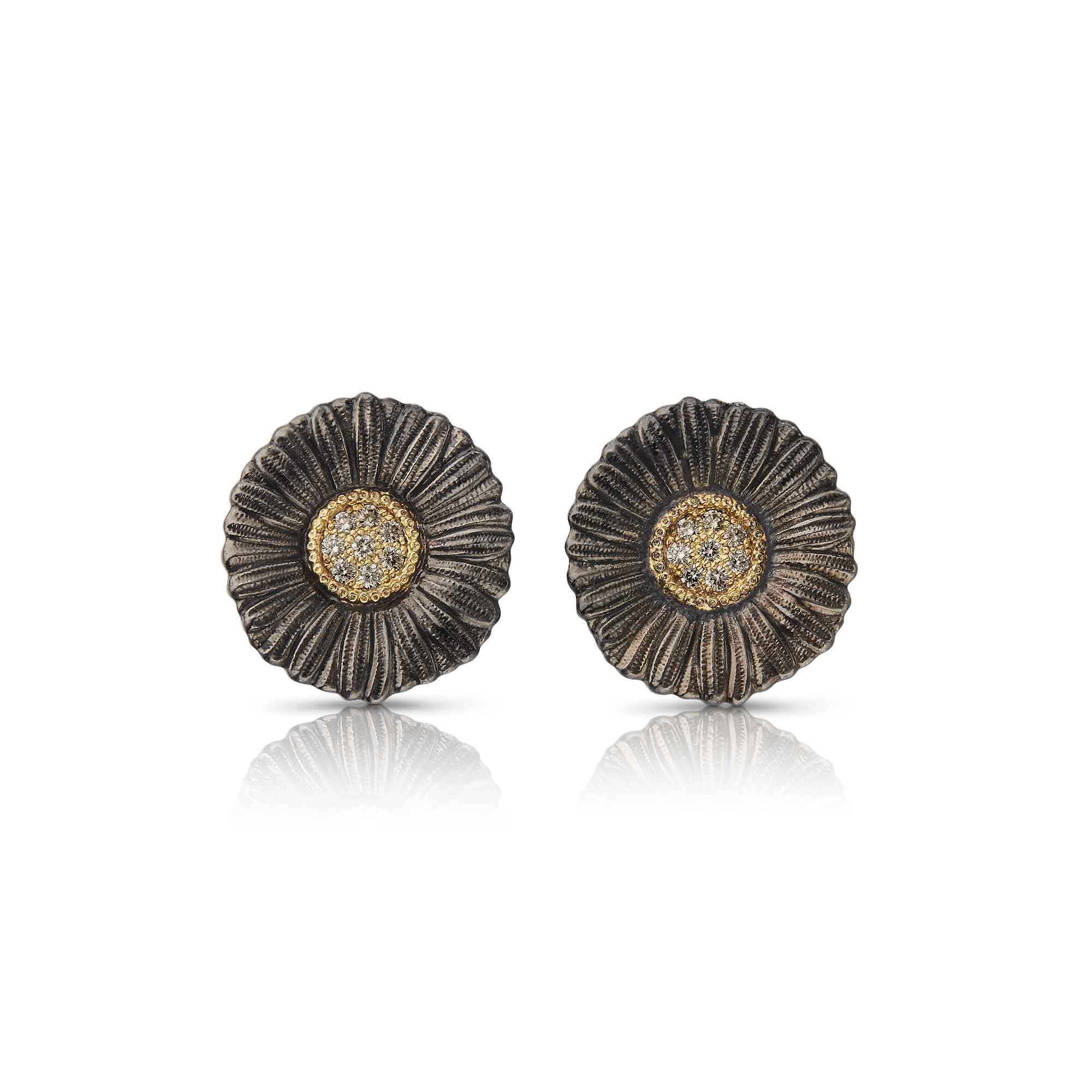 ORECCHINI BOTTONE BLOSSOMS MARGHERITA ARGENTO RUTENIO DIAMANTI BROWN