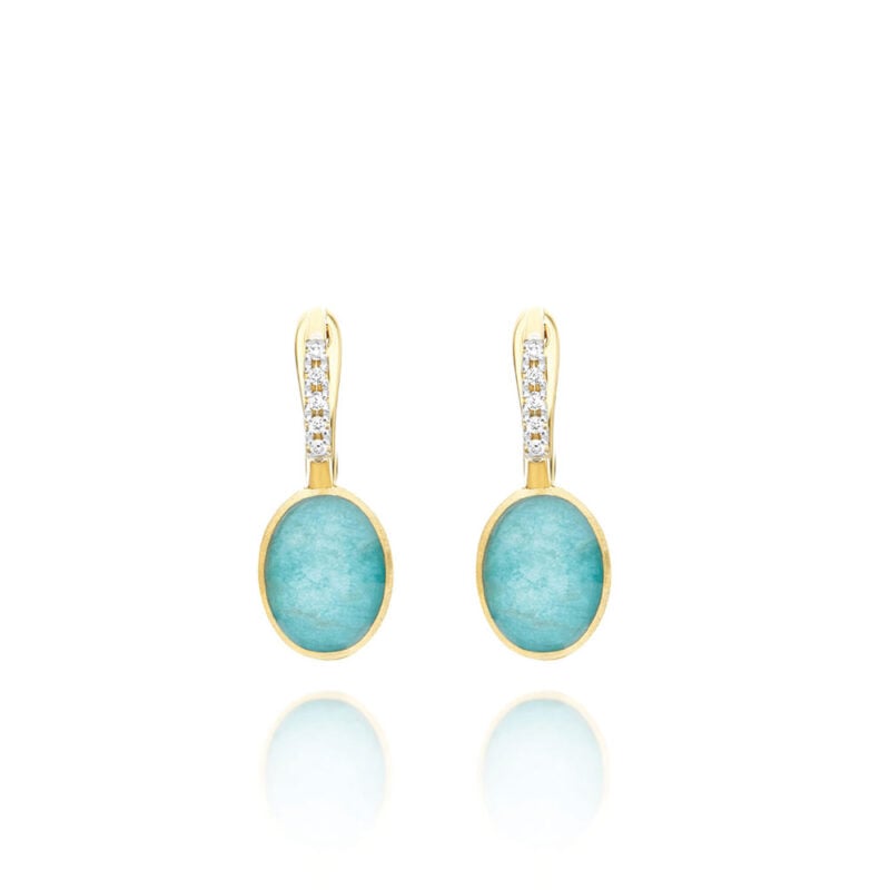 ORECCHINI BOULES PICCOLI CILIEGINE ANICE ORO GIALLO DIAMANTI CRISTALLO DI ROCCA E AMAZONITE