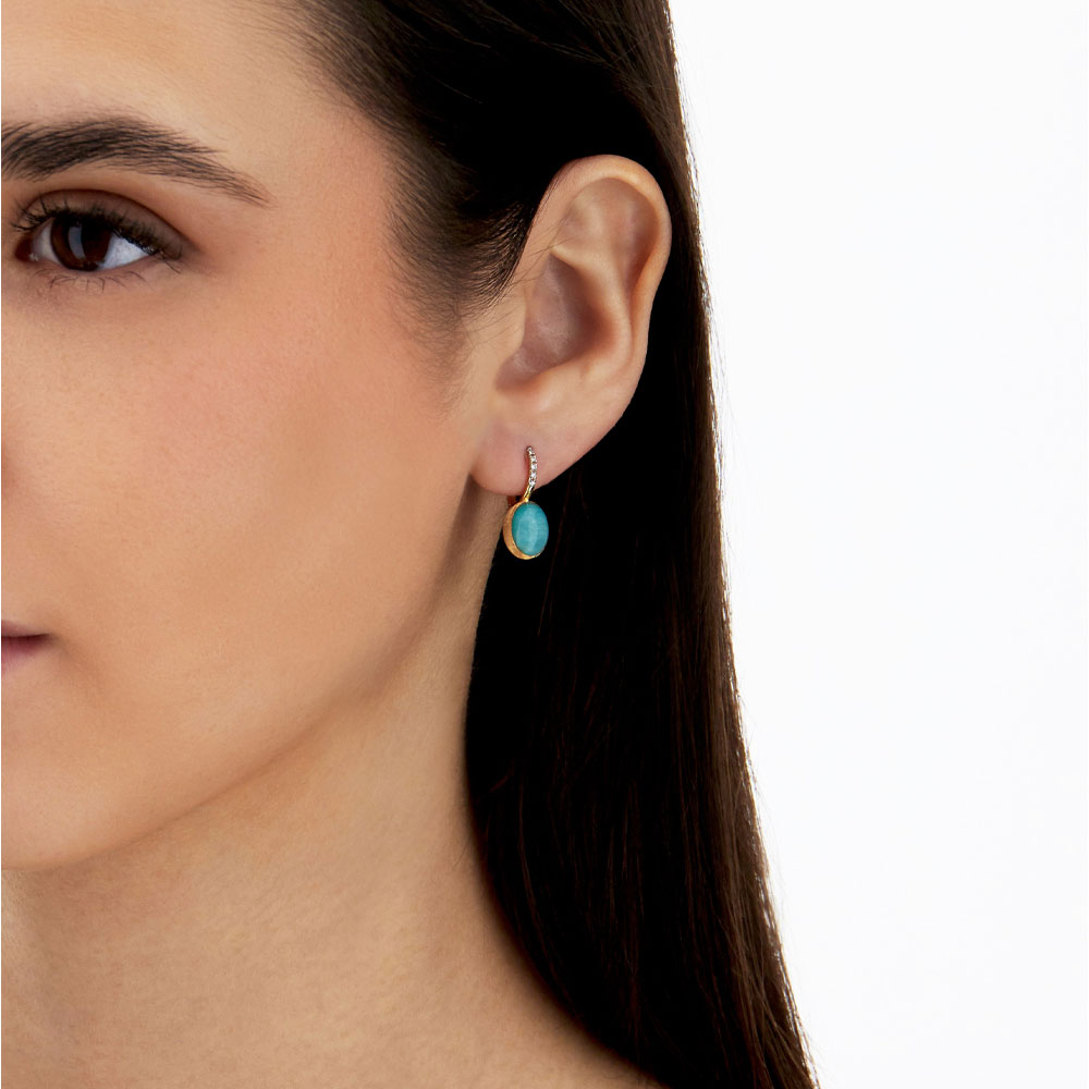 ORECCHINI BOULES PICCOLI CILIEGINE ANICE ORO GIALLO DIAMANTI CRISTALLO DI ROCCA E AMAZONITE - immagine 3