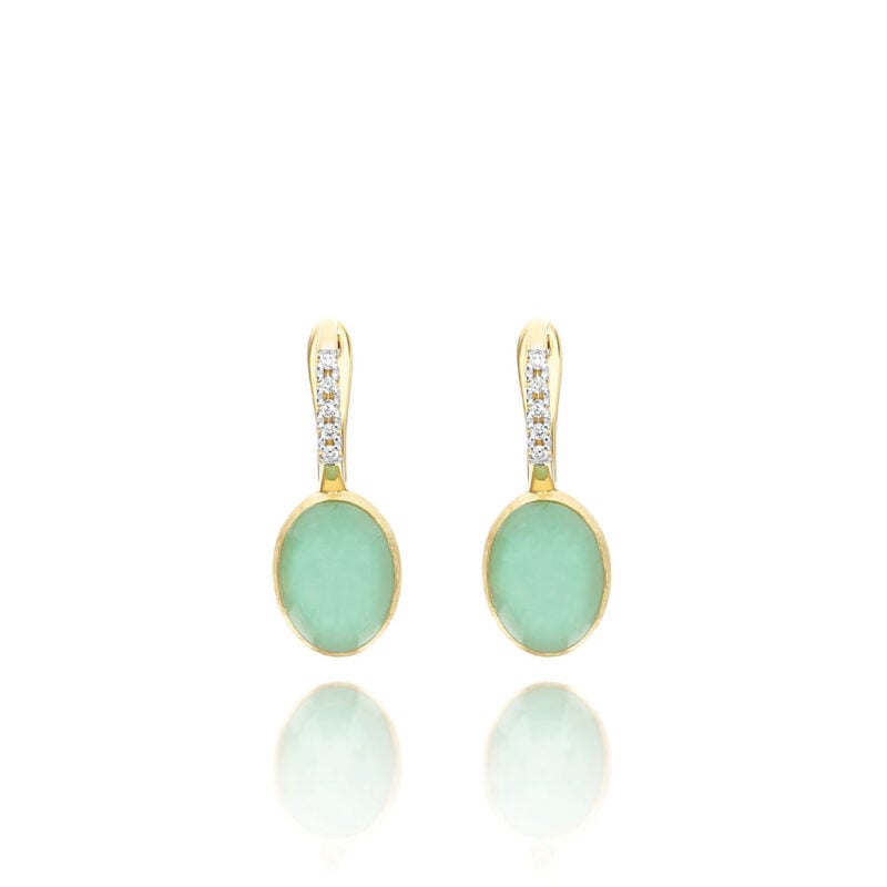 ORECCHINI BOULES CILIEGINE PICCOLI LATTEMENTA ORO GIALLO DIAMANTI CRISTALLO DI ROCCA E GIADEITE