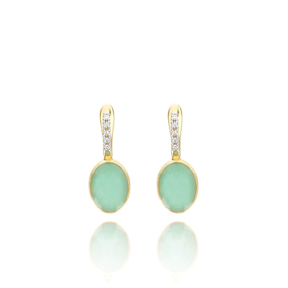 ORECCHINI BOULES CILIEGINE PICCOLI LATTEMENTA ORO GIALLO DIAMANTI CRISTALLO DI ROCCA E GIADEITE