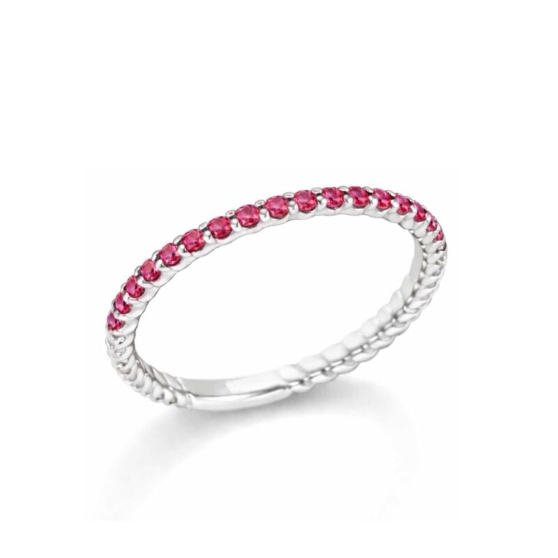 ANELLO VERETTA ORO BIANCO CON BRILLANTI RUBINI