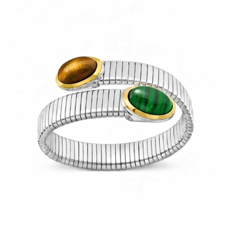 BRACCIALE TUBOGAS 2 GIRI ARGENTO PIETRE DURE OCCHIO DI TIGRE E MALACHITE