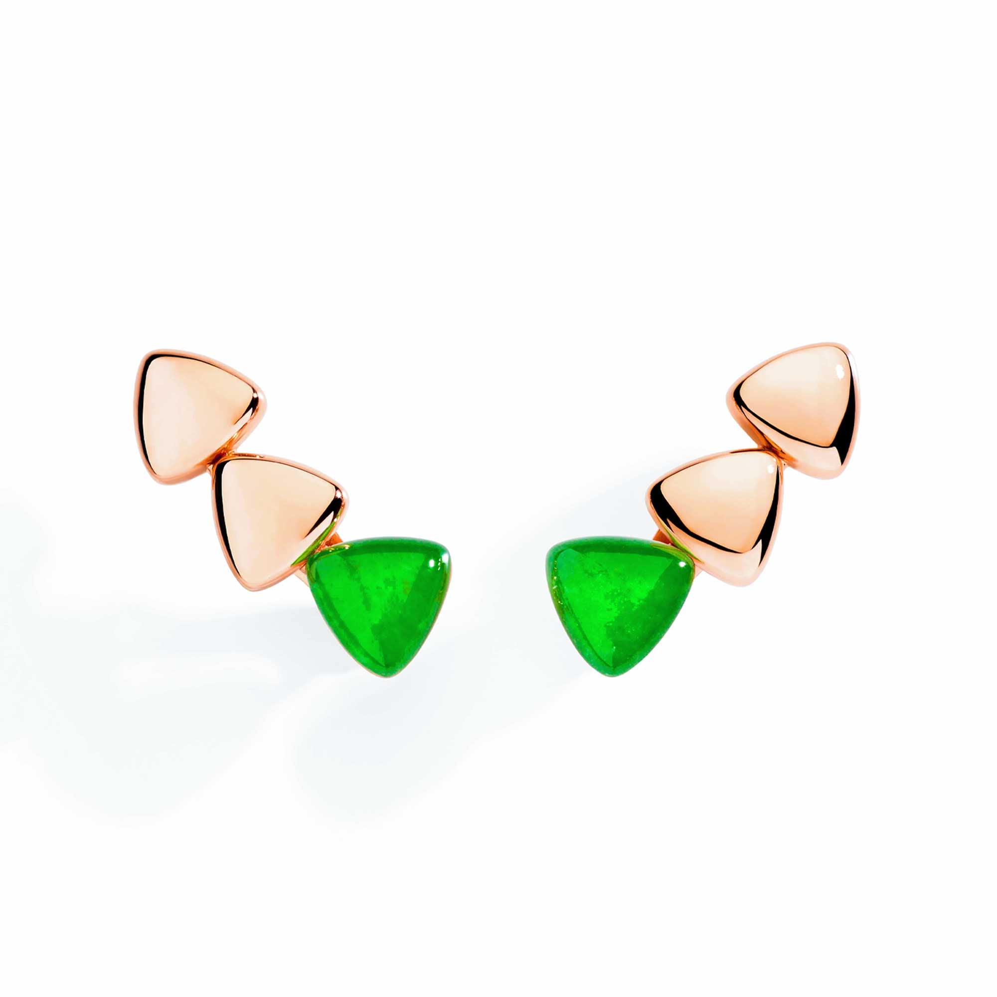 Stud earrings with 3 elements in rose gold jade and rock crystal