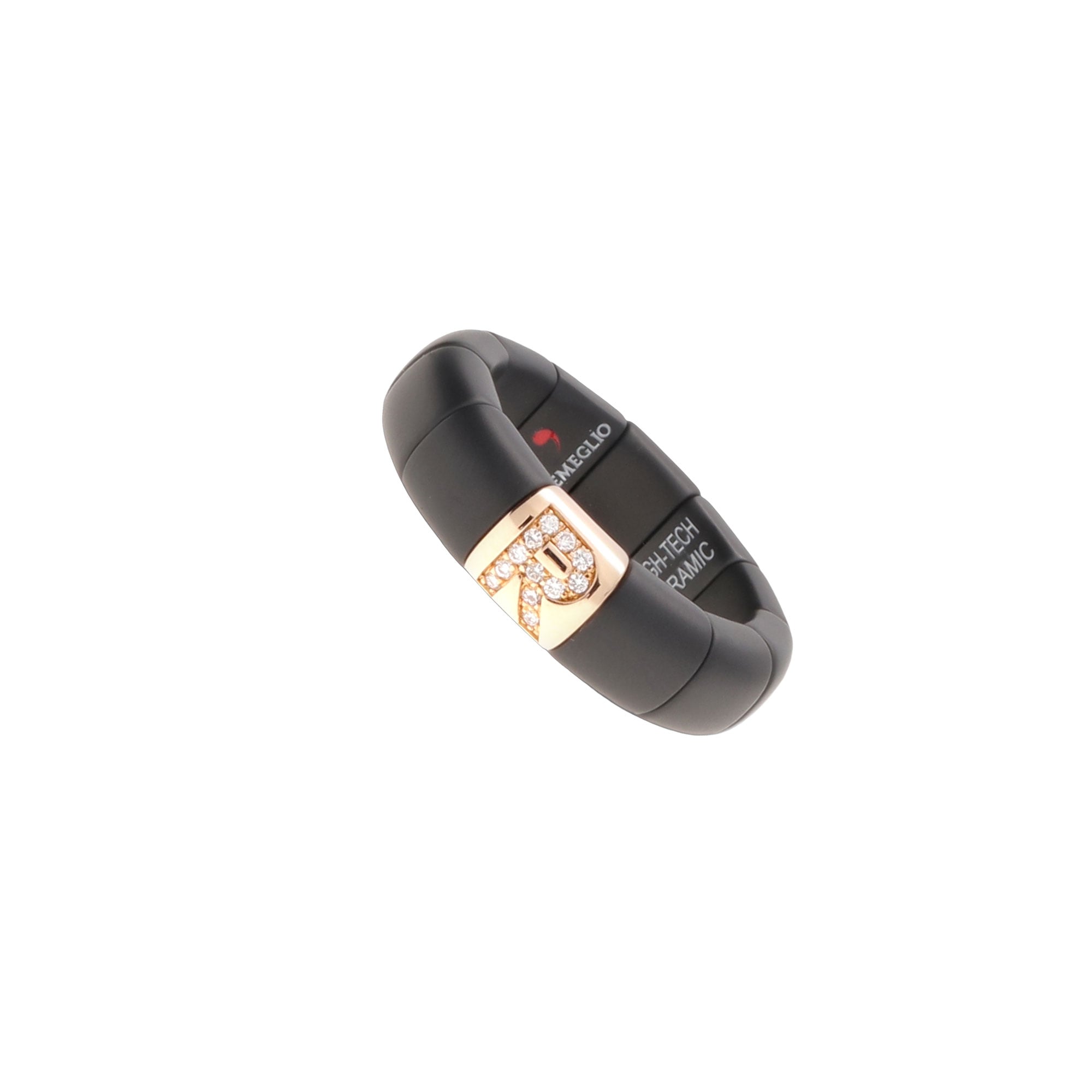 Anello Pura ceramica high tech nera opaca elemento R oro giallo e brillanti