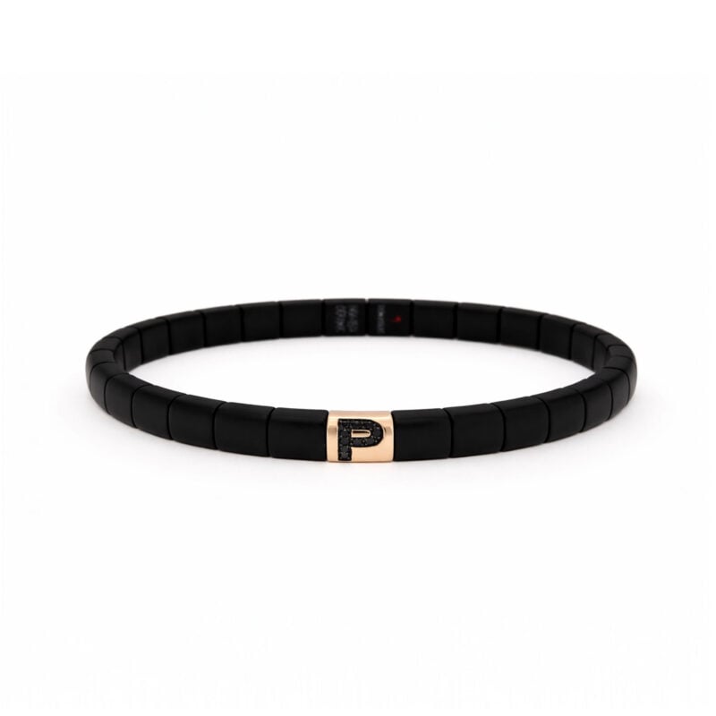 Bracciale Pura ceramica high tech nera opaca elemento P oro rosa e diamanti neri