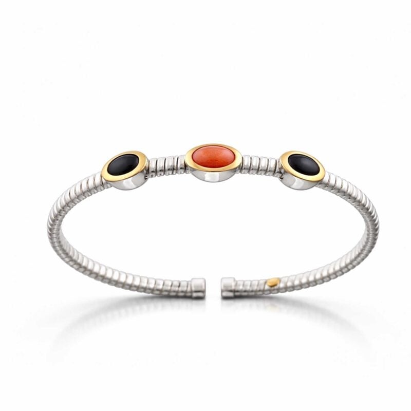Bracciale Tubogas stretto argento finiture oro onice e corallo 