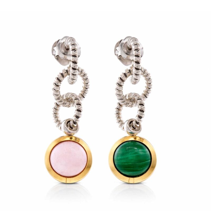 Orecchini argento pendenti finiture oro quarzo rosa e malachite