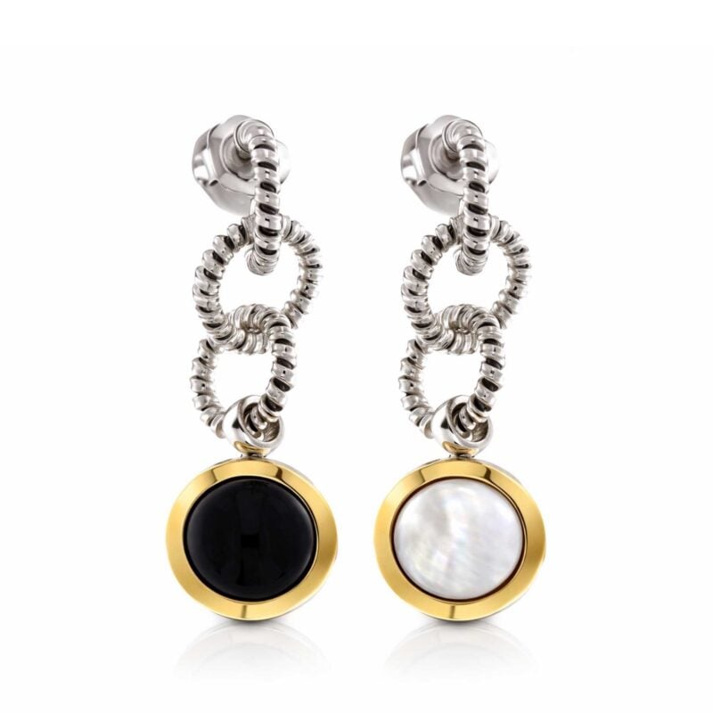 Orecchini argento 925 a catena con finiture oro 18ct onice e madreperla 