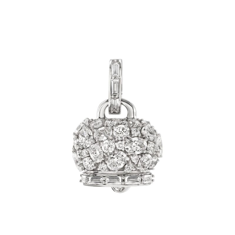 Ciondolo Campanella medio con diamanti incastonati a griffe taglio ovale, baguette e brillante su oro bianco 18kt