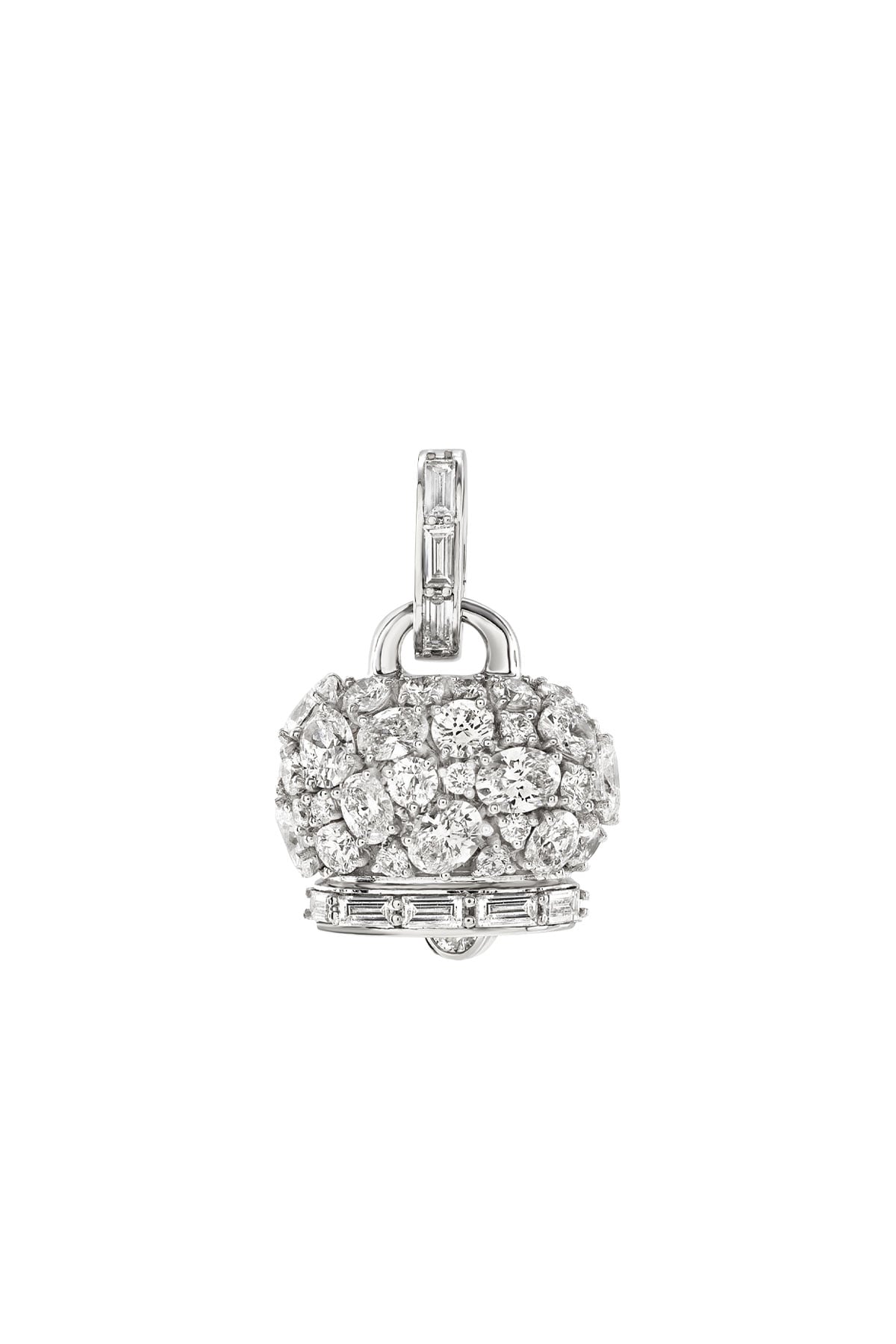 Ciondolo Campanella medio con diamanti incastonati a griffe taglio ovale, baguette e brillante su oro bianco 18kt