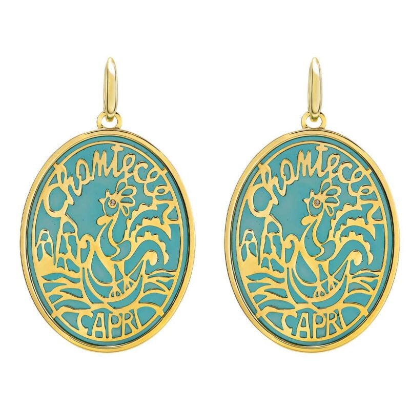 Orecchini Logo Chantecler oro giallo 9kt e diamanti smalto cattedrale color ottanio