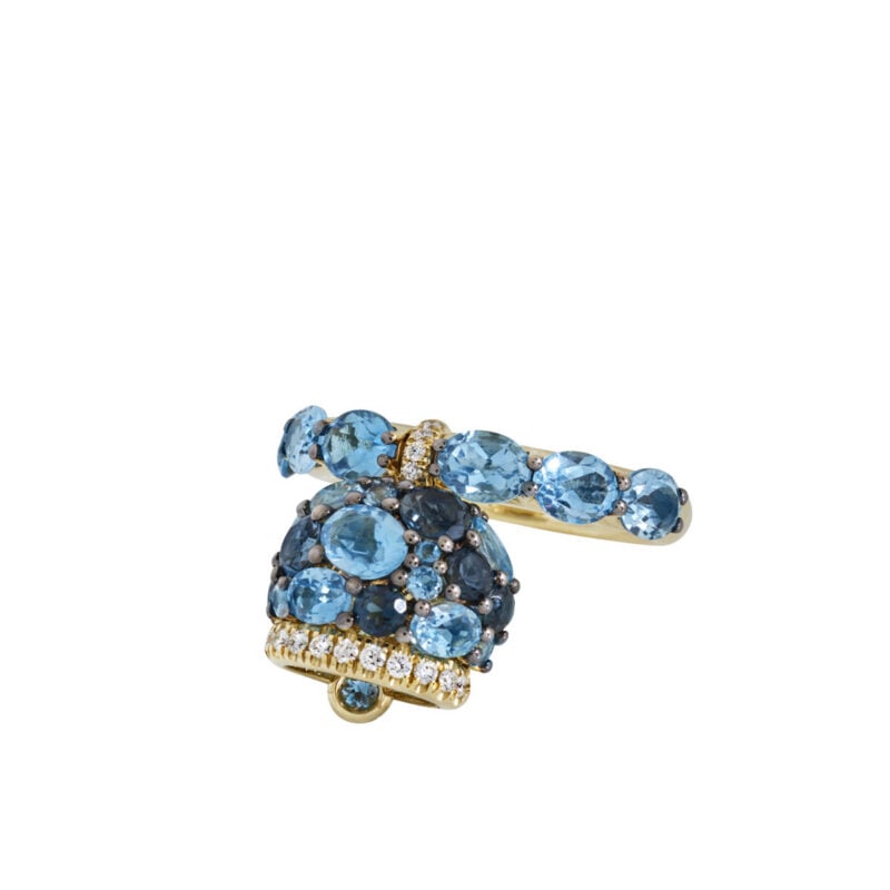 Anello Campanella con topazi taglio ovale e diamanti taglio brillante incastonati a griffe su oro giallo 9kt