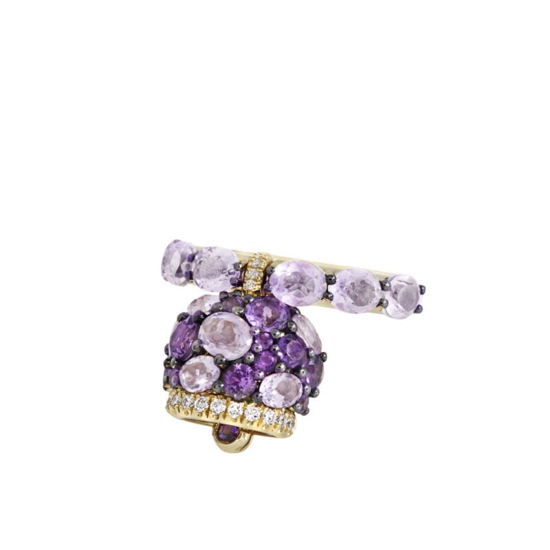 Anello Campanella con ametiste taglio ovale e diamanti taglio brillante incastonati a griffe su oro giallo 9kt