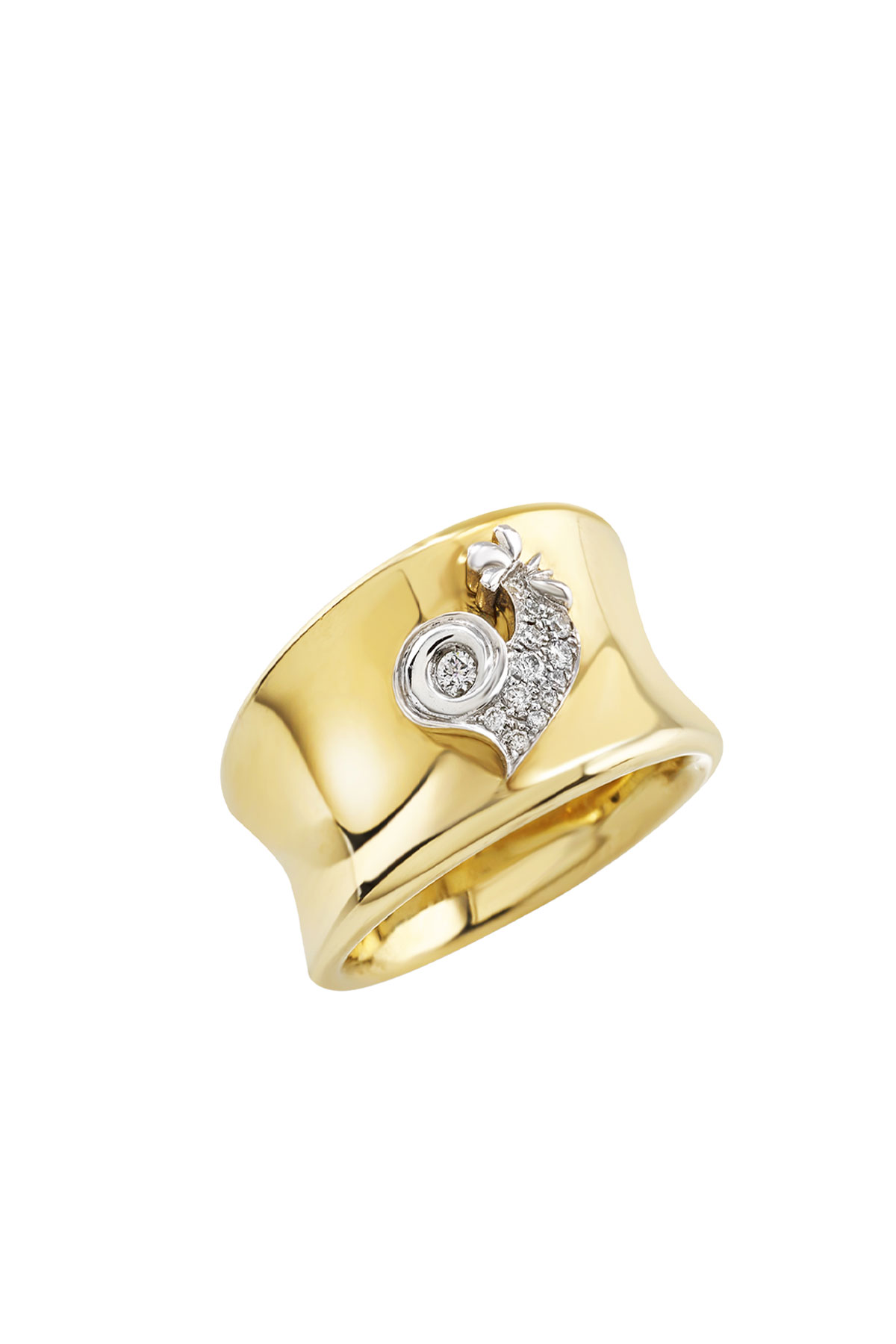 Anello Logo fascia oro giallo 9kt gallo pavè diamanti su oro bianco