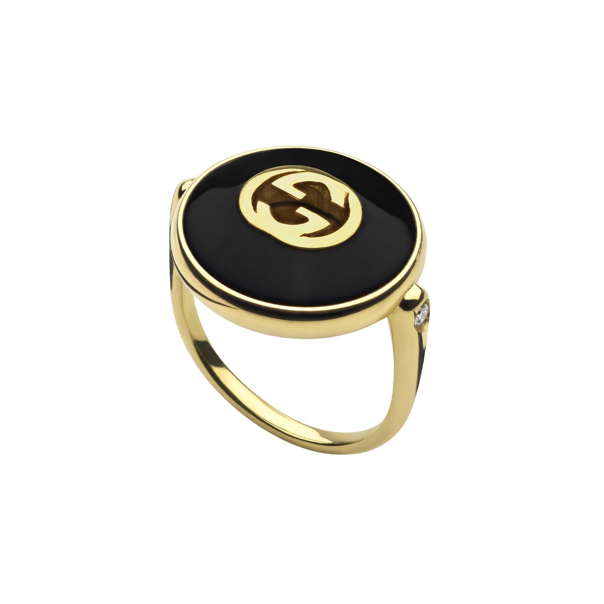 ANELLO GUCCI INTERLOCKING ORO GIALLO ONICE 17 MM NERA E DIAMANTI