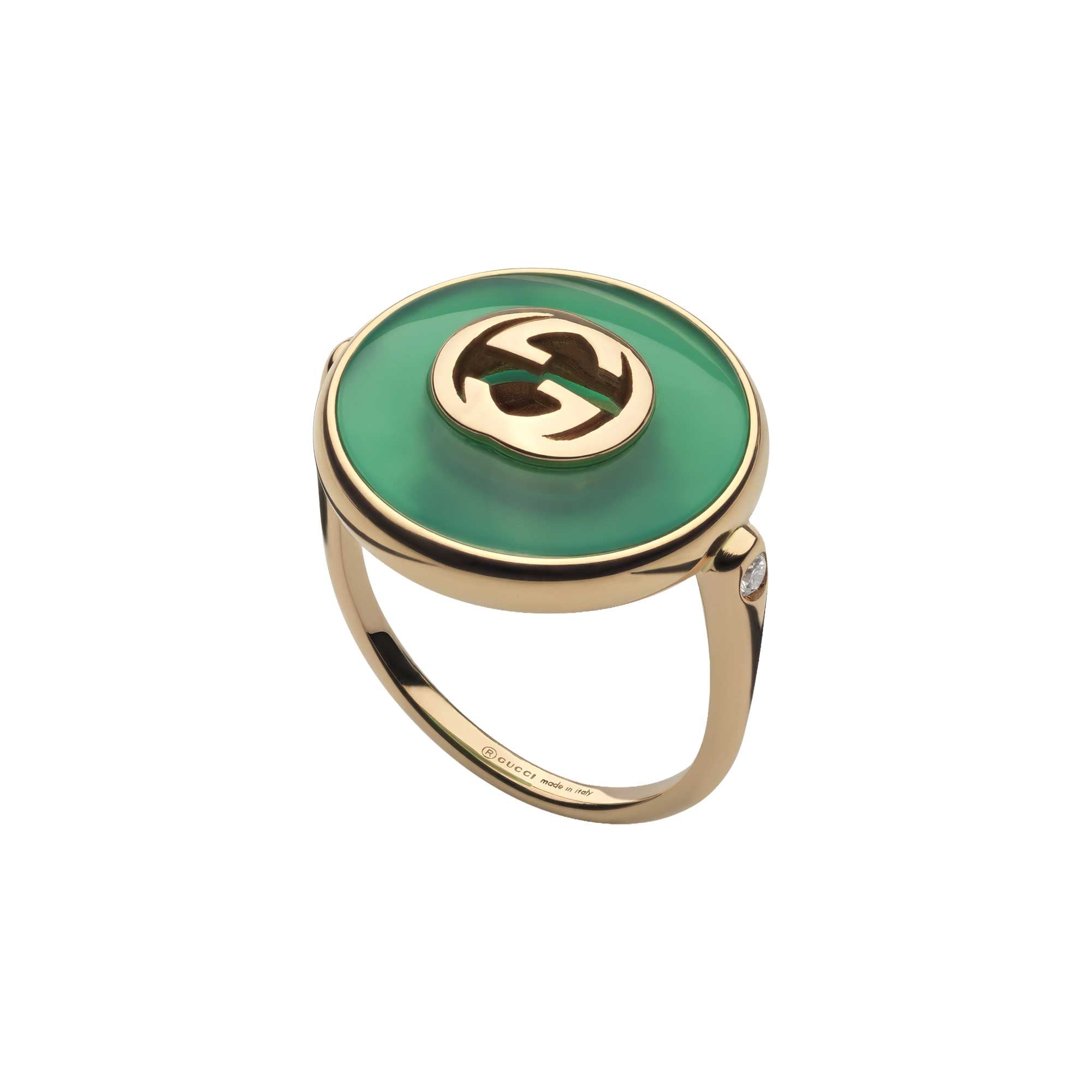 ANELLO GUCCI INTERLOCKING ORO GIALLO AGATA VERDE 17 MM NERA E DIAMANTI