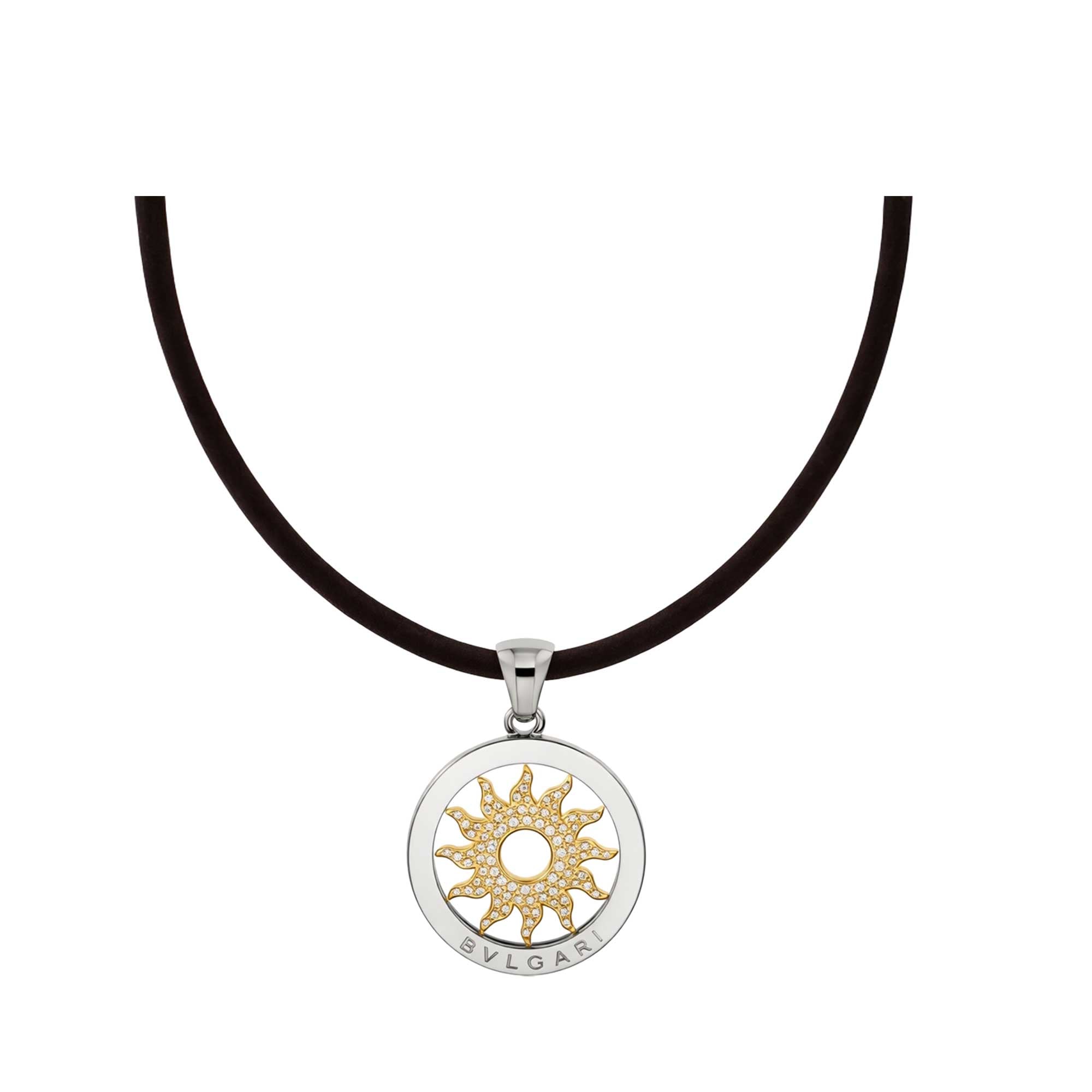 Bulgari sun yellow gold pendant steel and diamonds with a rubber cord
