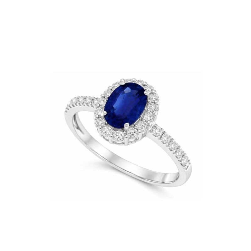 ANELLO ORO BIANCO OVALE ZAFFIRO E BRILLANTI