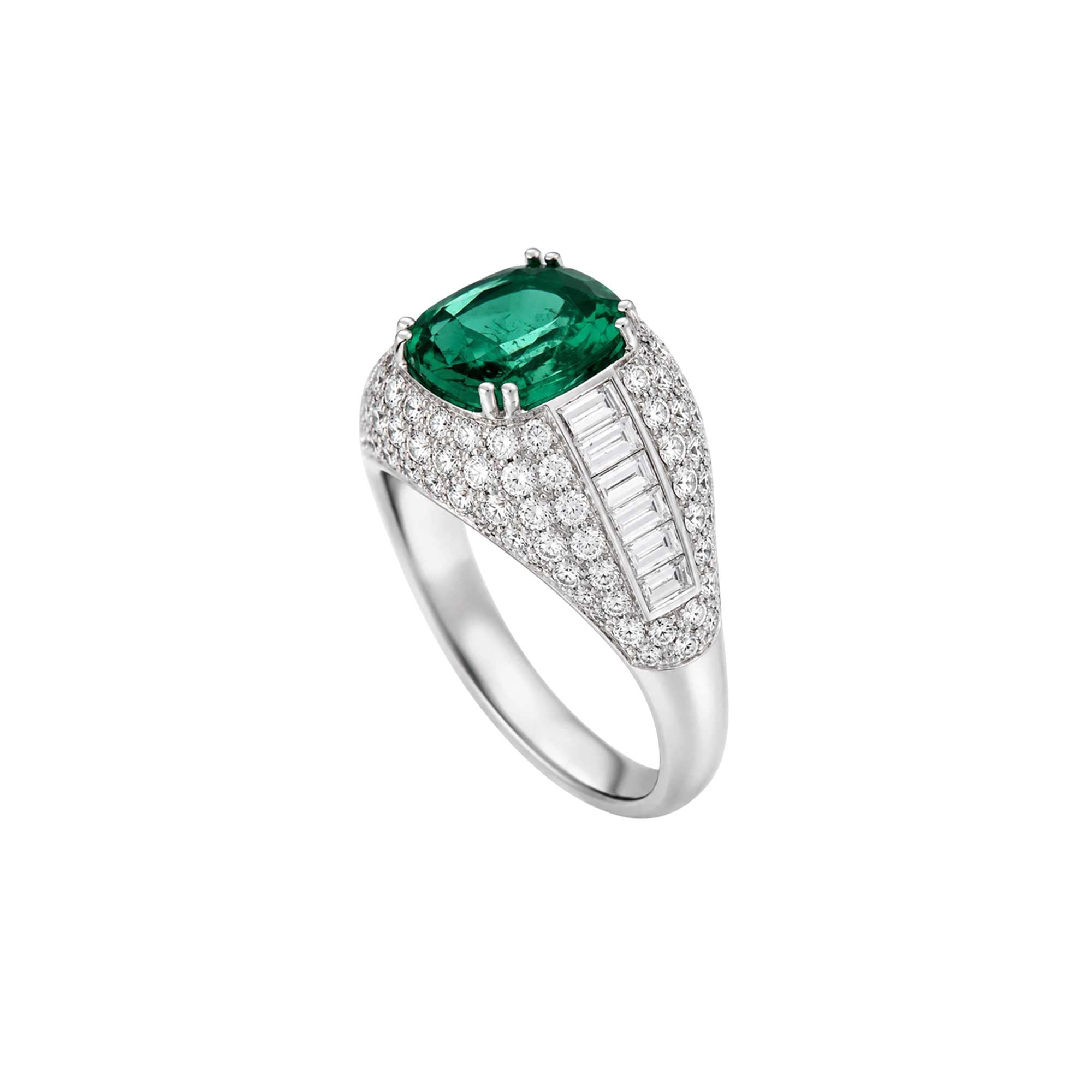 Unique white gold ring emeralds baguette-cut diamonds - Image 2